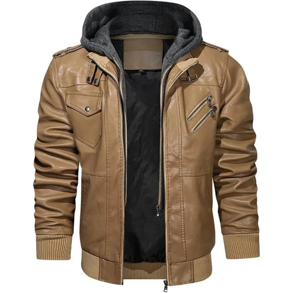 Men’s Stand Collar PU Faux Khaki Leather Zipper Motorcycle Bomber Jacket - Picture 5 of 6